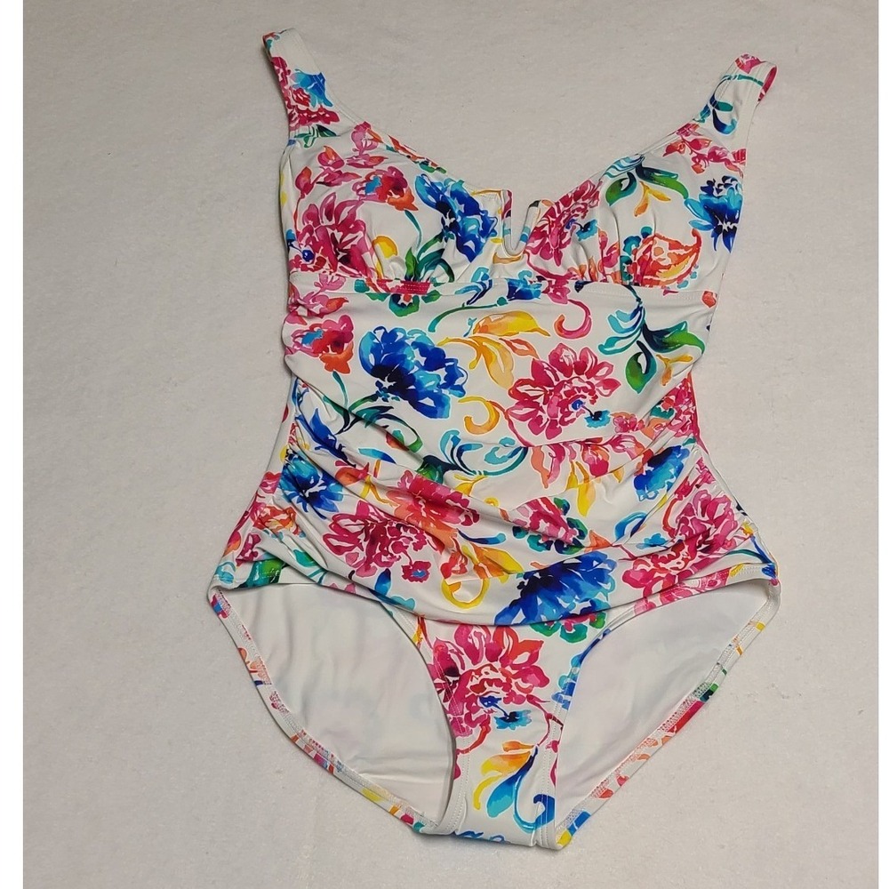 Anne Cole Women's Floral Shirred One Piece Swimsuit White Multicolor Size 8/10